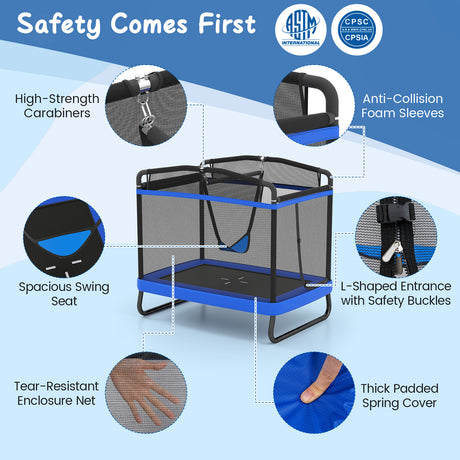 Children's playpen with safety features highlighted on a blue background
