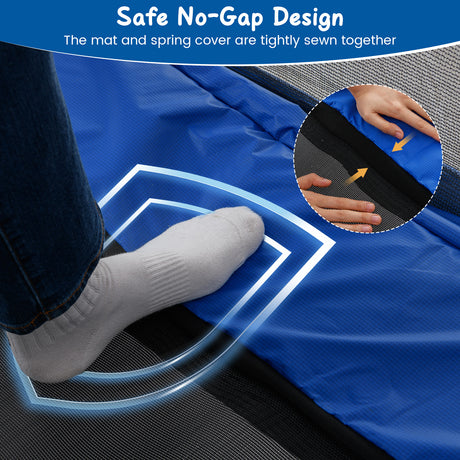 Blue mat with a person testing its thickness, highlighting the 'Safe No-Gap Design' feature.
