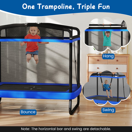 Trampoline with detachable horizontal bar and swing, suitable for children's multiple activities.