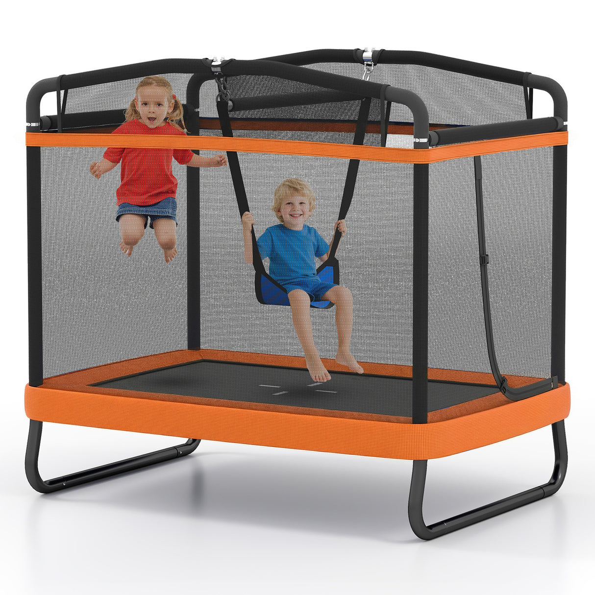 6 FT Kids Trampoline with Swing and Horizontal Bar, Small Rectangle Trampoline