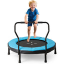 Child on a blue and black trampoline with a white background