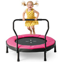 Child in a yellow dress on a pink and black trampoline with a white background