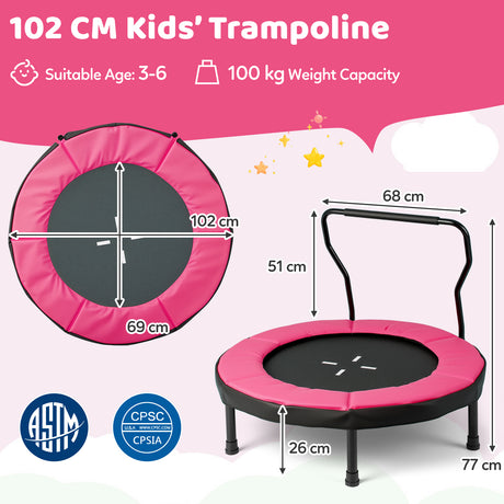 102 CM Kids' Trampoline with dimensions and safety certifications on a pink background