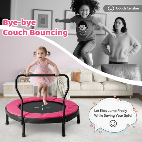 Children jumping on a trampoline instead of a couch, with text promoting the trampoline as an alternative.