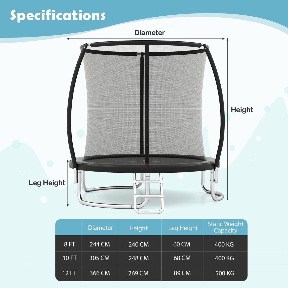 Trampoline with dimensions and specifications on a blue and white background