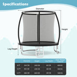Trampoline with dimensions and specifications on a blue and white background