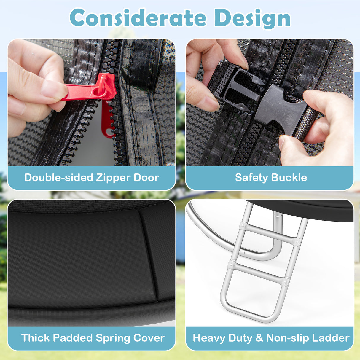 Product features including double-sided zipper door, safety buckle, thick padded spring cover, and heavy-duty non-slip ladder.