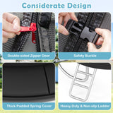 Product features including double-sided zipper door, safety buckle, thick padded spring cover, and heavy-duty non-slip ladder.