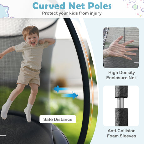 Child playing near a curved net pole system with safety features highlighted.