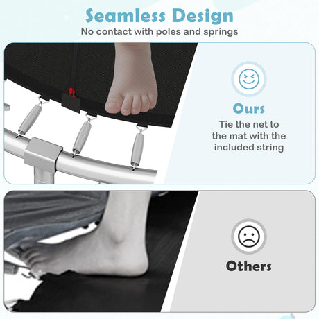 Comparison of foot mat design with and without contact to poles and springs, featuring a smiling face icon and text.