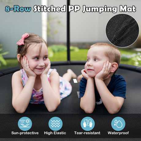 Children on a trampoline with text about an 8-row stitched PP jumping mat, showing features like sun-protective, high elastic, tear-resistant, and waterproof.