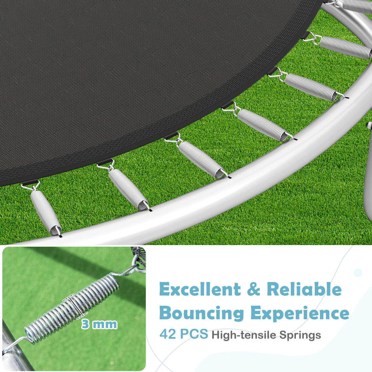 Trampoline springs with text highlighting excellent and reliable bouncing experience on a grass background.