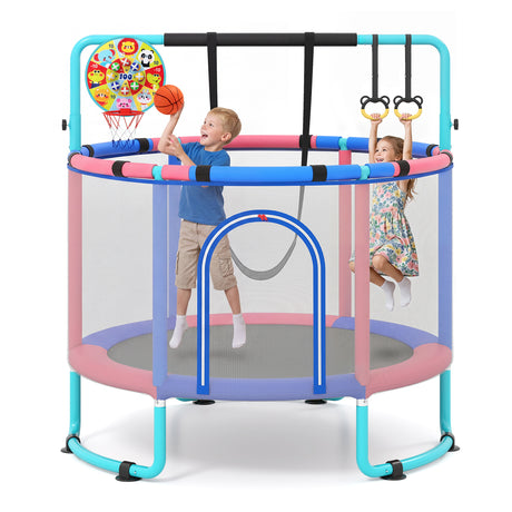 55/60" Trampoline for Kids with Enclosure, 6-in-1 Indoor Outdoor Toddler Trampoline with Adjustable Gymnastics Bar, Swing