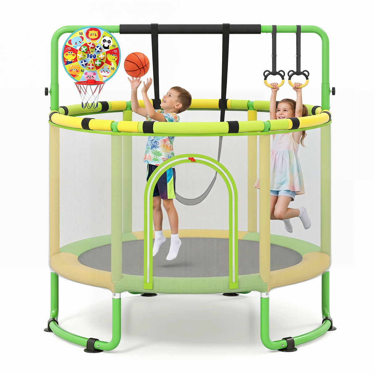 55/60" Trampoline for Kids with Enclosure, 6-in-1 Indoor Outdoor Toddler Trampoline with Adjustable Gymnastics Bar, Swing