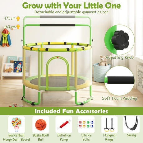 55/60" Trampoline for Kids with Enclosure, 6-in-1 Indoor Outdoor Toddler Trampoline with Adjustable Gymnastics Bar, Swing