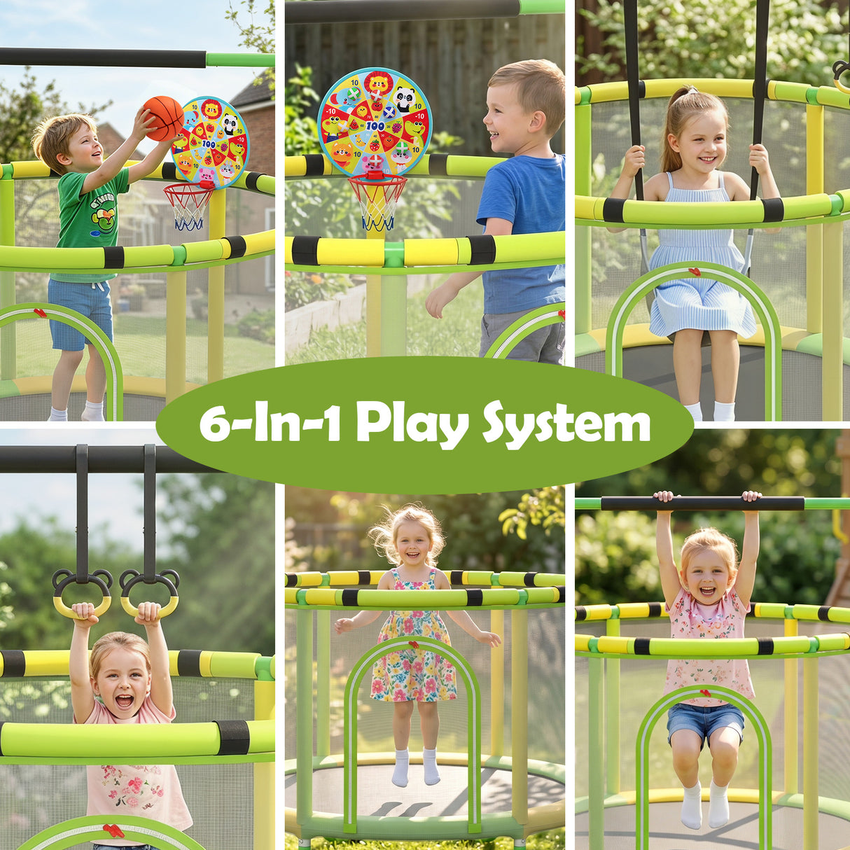 55/60" Trampoline for Kids with Enclosure, 6-in-1 Indoor Outdoor Toddler Trampoline with Adjustable Gymnastics Bar, Swing