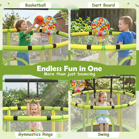 55/60" Trampoline for Kids with Enclosure, 6-in-1 Indoor Outdoor Toddler Trampoline with Adjustable Gymnastics Bar, Swing