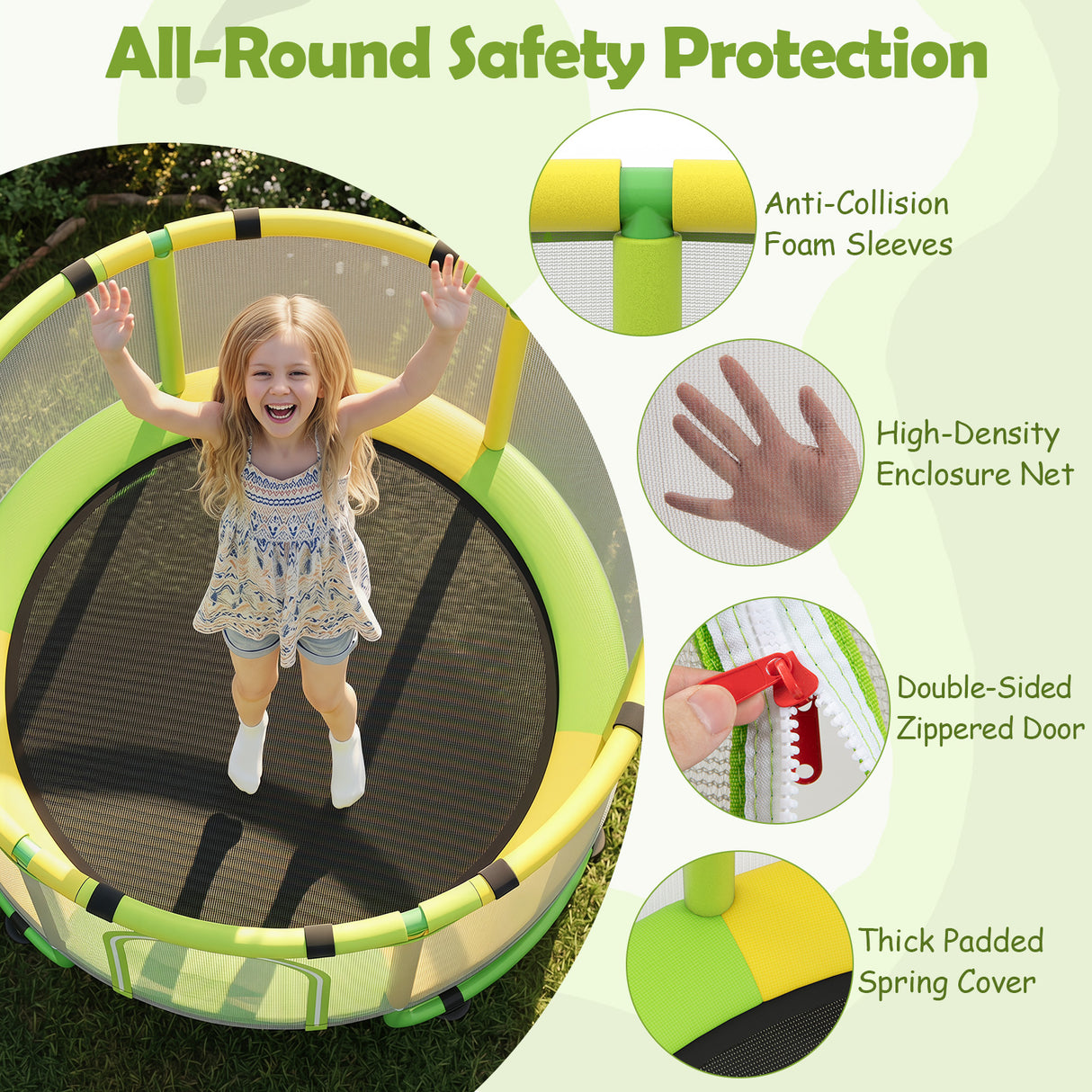 55/60" Trampoline for Kids with Enclosure, 6-in-1 Indoor Outdoor Toddler Trampoline with Adjustable Gymnastics Bar, Swing