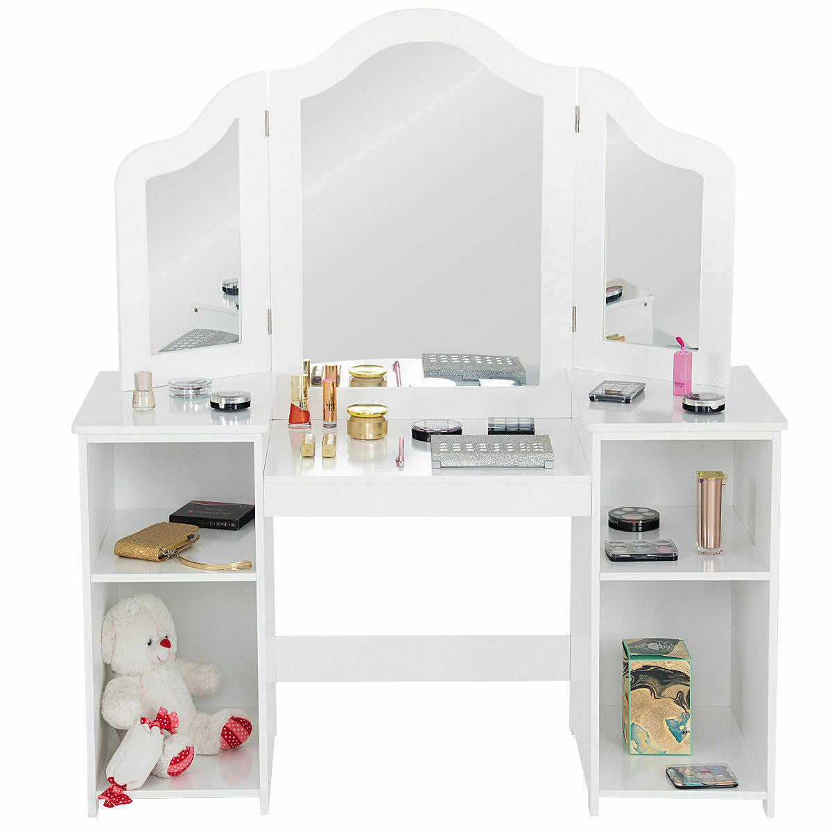 HONEY JOY 2 in 1 Kids Vanity Table & Chair Set, Princess Vanity Table with Removable Tri-fold Mirror