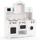 BABYJOY Kids Kitchen Playset, Wooden Pretend Play Kitchen Set with Sink, Clock, Curtains, Washing Machine, Cookware Utensils, Imaginative Cooking Toy for Boys Girls Aged 3+ Years Old, White