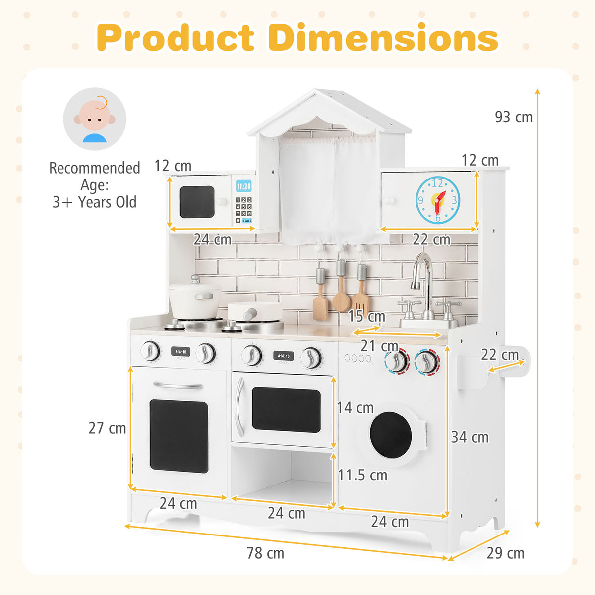BABYJOY Kids Kitchen Playset, Wooden Pretend Play Kitchen Set with Sink, Clock, Curtains, Washing Machine, Cookware Utensils, Imaginative Cooking Toy for Boys Girls Aged 3+ Years Old, White