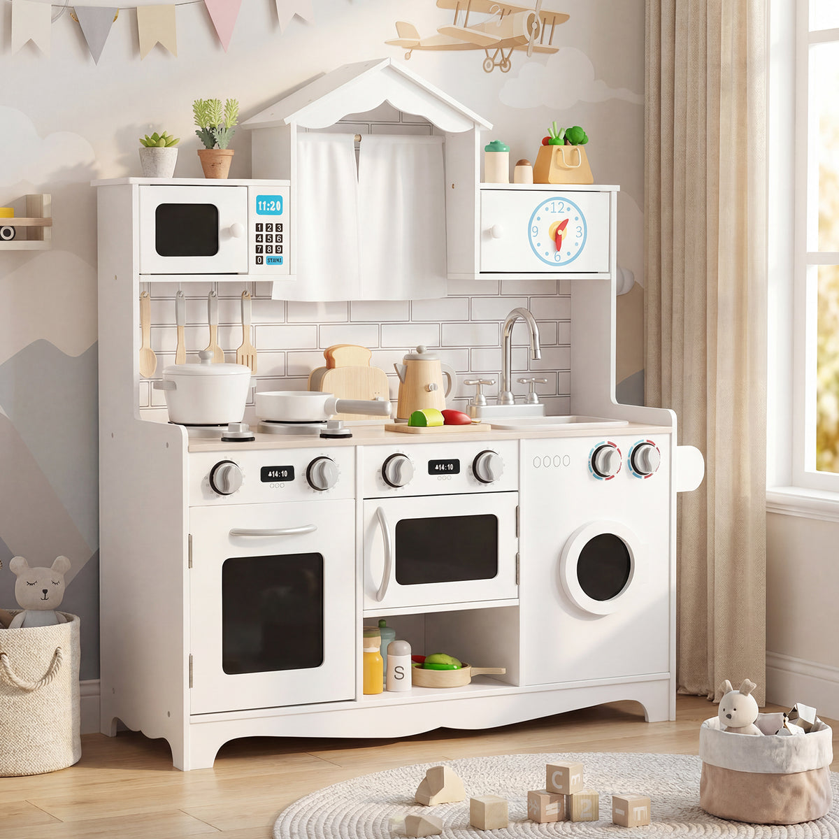 BABYJOY Kids Kitchen Playset, Wooden Pretend Play Kitchen Set with Sink, Clock, Curtains, Washing Machine, Cookware Utensils, Imaginative Cooking Toy for Boys Girls Aged 3+ Years Old, White