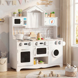 BABYJOY Kids Kitchen Playset, Wooden Pretend Play Kitchen Set with Sink, Clock, Curtains, Washing Machine, Cookware Utensils, Imaginative Cooking Toy for Boys Girls Aged 3+ Years Old, White