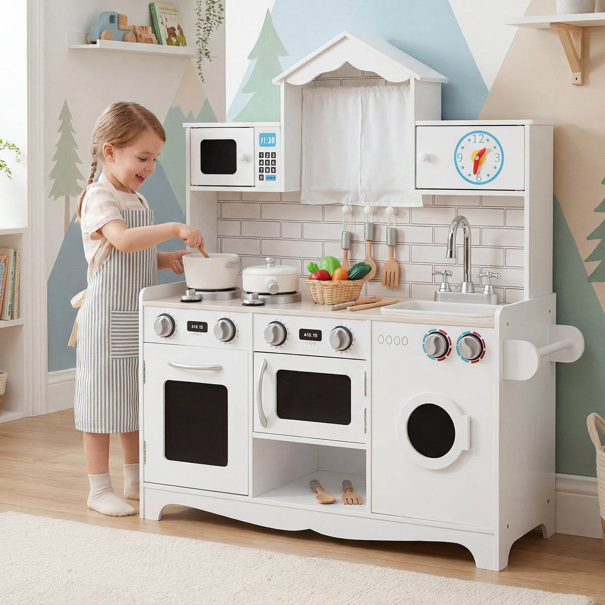 BABYJOY Kids Kitchen Playset, Wooden Pretend Play Kitchen Set with Sink, Clock, Curtains, Washing Machine, Cookware Utensils, Imaginative Cooking Toy for Boys Girls Aged 3+ Years Old, White