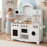 BABYJOY Kids Kitchen Playset, Wooden Pretend Play Kitchen Set with Sink, Clock, Curtains, Washing Machine, Cookware Utensils, Imaginative Cooking Toy for Boys Girls Aged 3+ Years Old, White