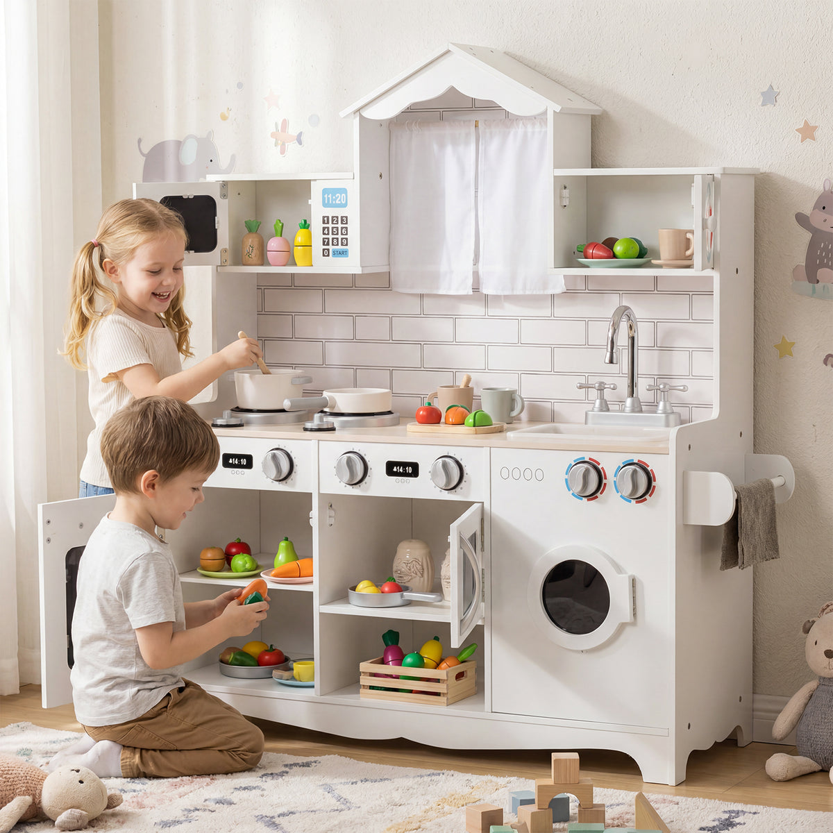 BABYJOY Kids Kitchen Playset, Wooden Pretend Play Kitchen Set with Sink, Clock, Curtains, Washing Machine, Cookware Utensils, Imaginative Cooking Toy for Boys Girls Aged 3+ Years Old, White