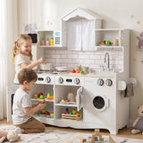 BABYJOY Kids Kitchen Playset, Wooden Pretend Play Kitchen Set with Sink, Clock, Curtains, Washing Machine, Cookware Utensils, Imaginative Cooking Toy for Boys Girls Aged 3+ Years Old, White