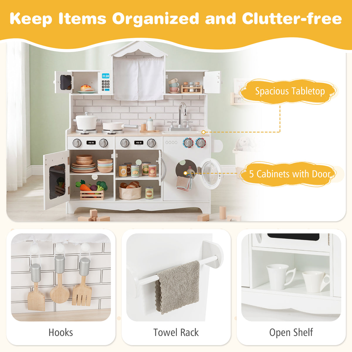 BABYJOY Kids Kitchen Playset, Wooden Pretend Play Kitchen Set with Sink, Clock, Curtains, Washing Machine, Cookware Utensils, Imaginative Cooking Toy for Boys Girls Aged 3+ Years Old, White