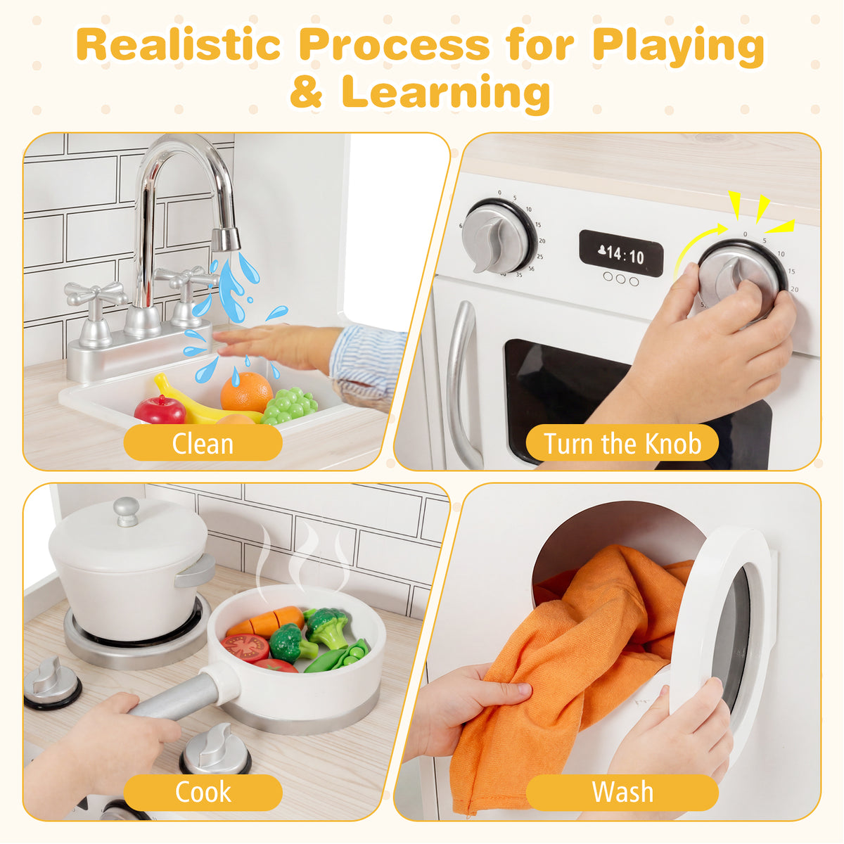 BABYJOY Kids Kitchen Playset, Wooden Pretend Play Kitchen Set with Sink, Clock, Curtains, Washing Machine, Cookware Utensils, Imaginative Cooking Toy for Boys Girls Aged 3+ Years Old, White