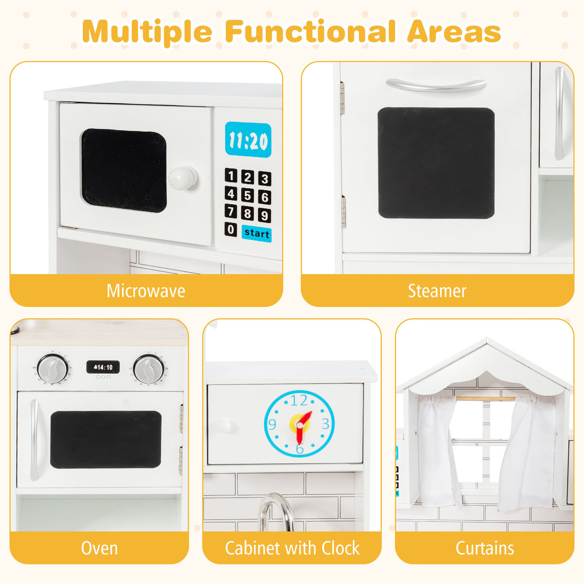 BABYJOY Kids Kitchen Playset, Wooden Pretend Play Kitchen Set with Sink, Clock, Curtains, Washing Machine, Cookware Utensils, Imaginative Cooking Toy for Boys Girls Aged 3+ Years Old, White