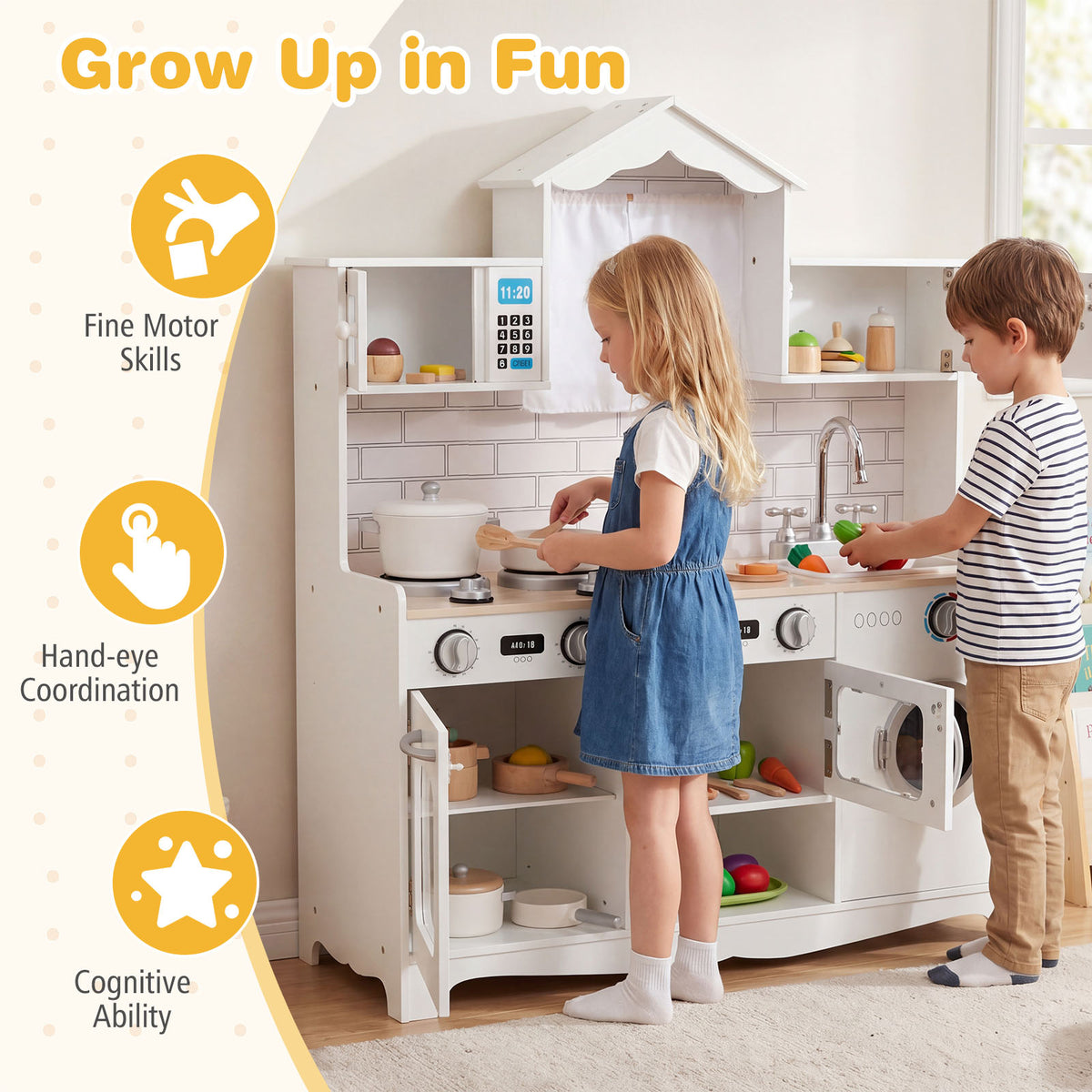 BABYJOY Kids Kitchen Playset, Wooden Pretend Play Kitchen Set with Sink, Clock, Curtains, Washing Machine, Cookware Utensils, Imaginative Cooking Toy for Boys Girls Aged 3+ Years Old, White