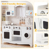 BABYJOY Kids Kitchen Playset, Wooden Pretend Play Kitchen Set with Sink, Clock, Curtains, Washing Machine, Cookware Utensils, Imaginative Cooking Toy for Boys Girls Aged 3+ Years Old, White