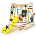 Children playing on a colorful wooden playset with slides and swings.