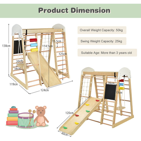 Wooden play structure with dimensions and product details on a white background