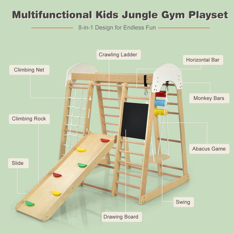 Multifunctional kids jungle gym playset with labeled components on a green background