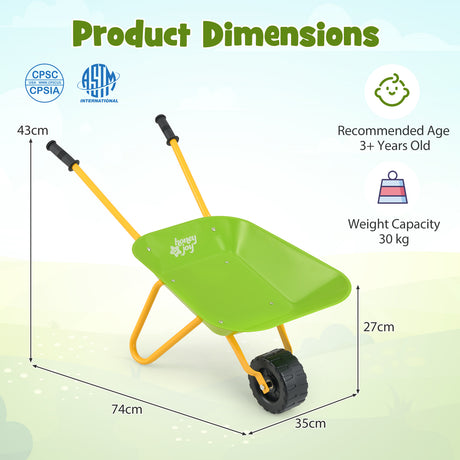 Green children's wheelbarrow with dimensions and safety certification logos on a light green background