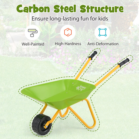 Green and orange children's wheelbarrow with text about carbon steel structure on a light green background.