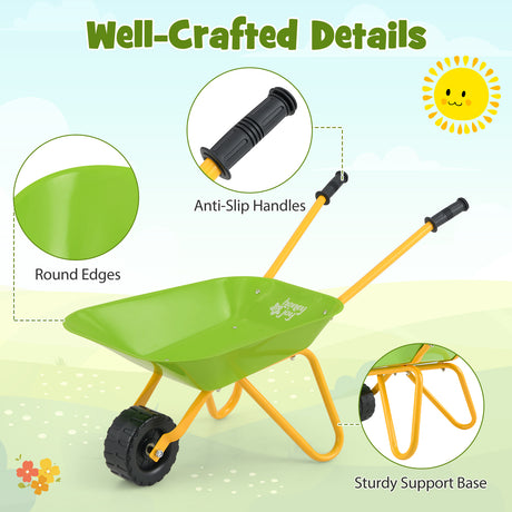Green and yellow children's wheelbarrow with highlighted features on a light green background