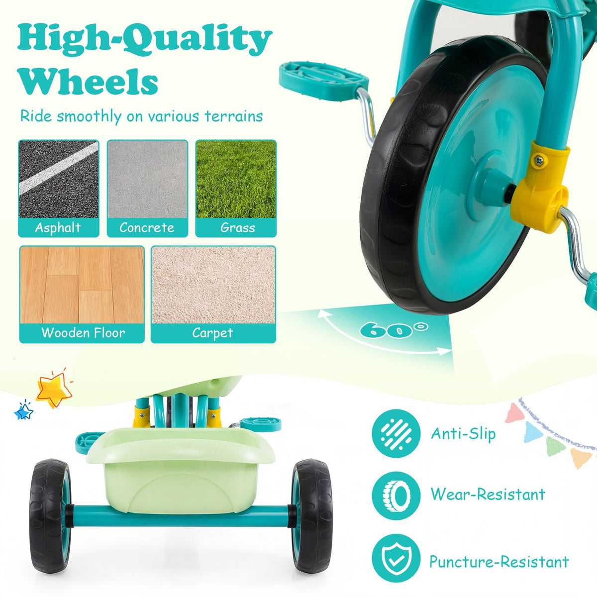 Toddler Tricycle for Boys Girls 2-5 with Rear Storage Basket and Metal Frame