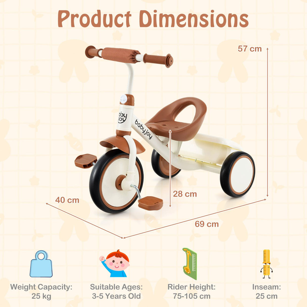 Toddler Tricycle with Adjustable Seat and Storage Basket for Aged 3-5 Years