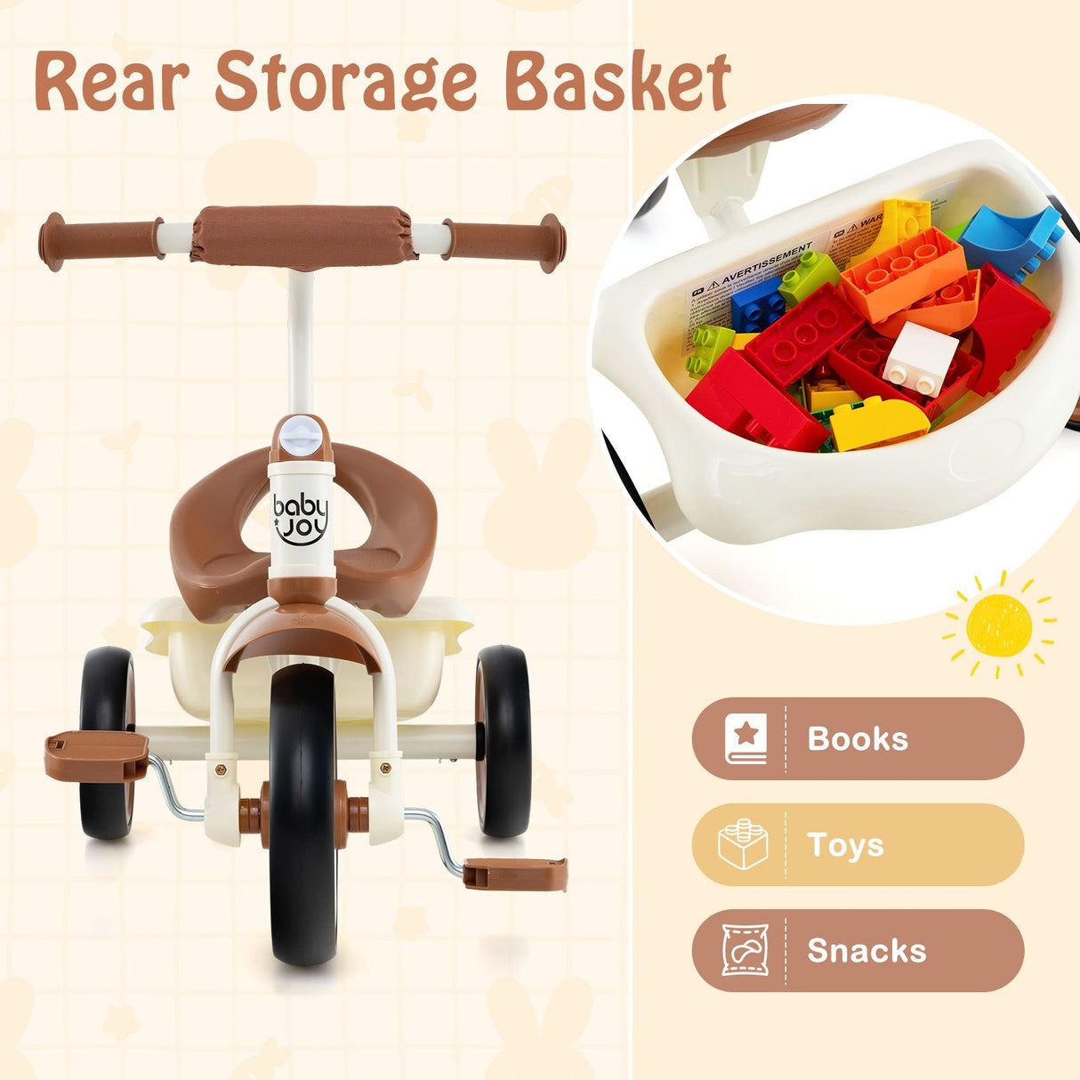 Toddler Tricycle with Adjustable Seat and Storage Basket for Aged 3-5 Years