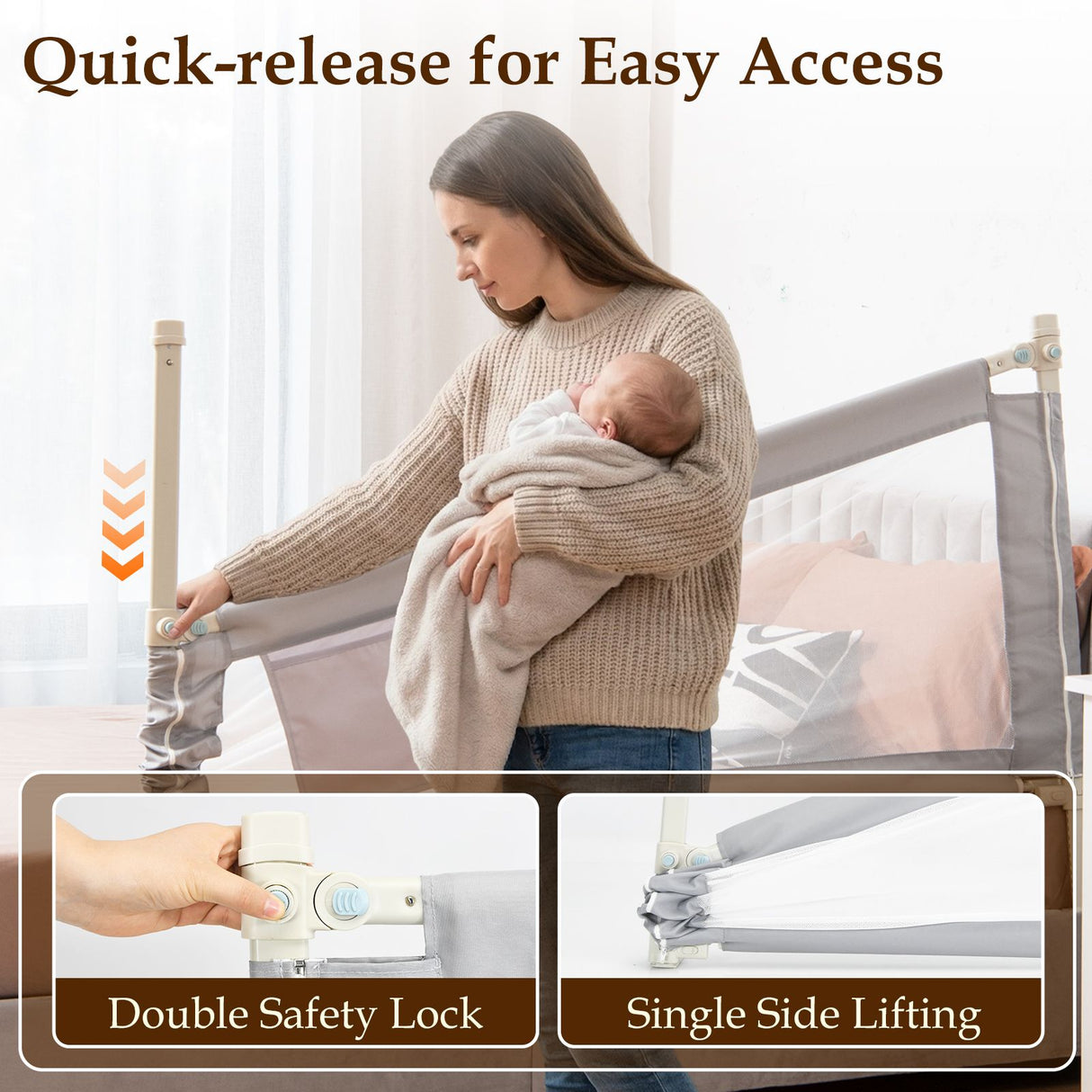 Bed Rail for Toddlers Vertical Lift Adjustable with Storage Pocket