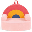 Colorful children's chair with pink base, yellow middle, and blue top on a white background