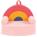 Colorful children's chair with pink base, yellow middle, and blue top on a white background