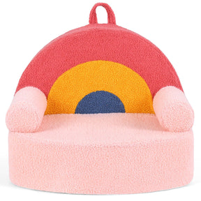 Colorful children's chair with pink base, yellow middle, and blue top on a white background