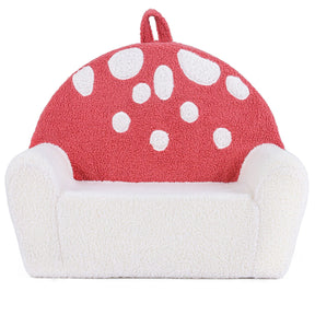 Red and white polka dot mushroom-shaped product on a white background